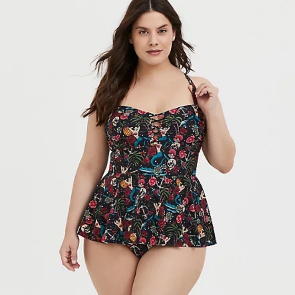 Torrid Black Tattoo Mermaid Lattice Wireless One-Piece Swim Dress